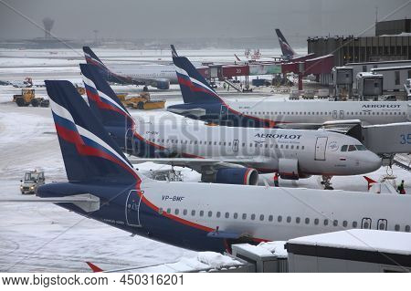 Moscow, Russia - February 28, 2011: Aeroflot Russian Airlines Fleet At Moscow Sheremetyevo Airport, 