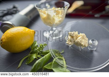 Mayonnaise. Traditional Spanish Sauce With Basil Leaves And A Lemon