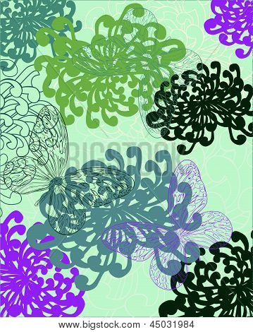 Illustrazione vettoriale di uno sfondo luminosi fiori e farfalle