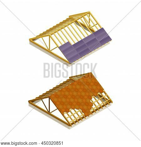 Roofing Construction. Roof Frame Covering With Tile Overlapping Vector Illustration
