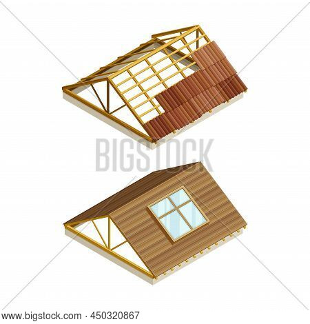 Roofing Construction. Wooden Roof Frame Covering With Tile Vector Illustration