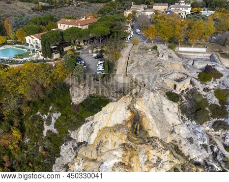 Aerial View On Free Hot Thermal Springs And Pool In Nature Park Dei Mulini, Bagno Vignoni, Tuscany,