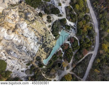 Aerial View On Free Hot Thermal Springs And Pool In Nature Park Dei Mulini, Bagno Vignoni, Tuscany,