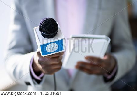 Journalist Report Interview. New Broadcasting Reporter. Journalism And Press