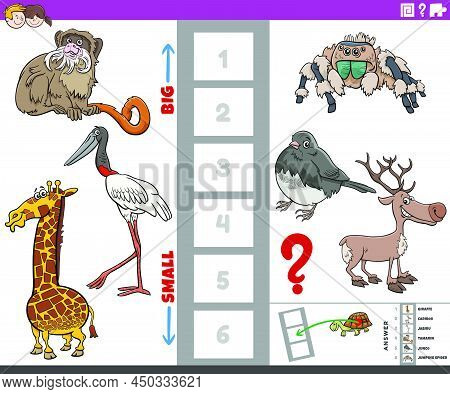 Cartoon Illustration Of Educational Game Of Finding The Biggest And The Smallest Animal Species With