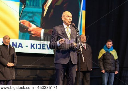 Slovenia, Ljubljana - March 2 2022: Prime Minister Janez Jansa, Keynote Speaker At The Protest In Su