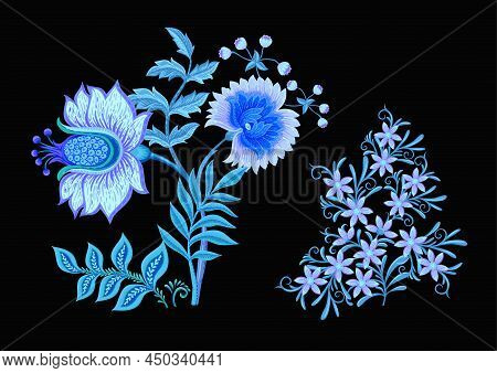 Fantasy Flowers In Retro, Vintage, Jacobean Embroidery Style. Element For Design. Vector Illustratio