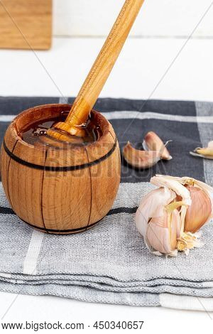 Fermented Garlic Honey, Honey For Strong Immunity. Vertical Photo
