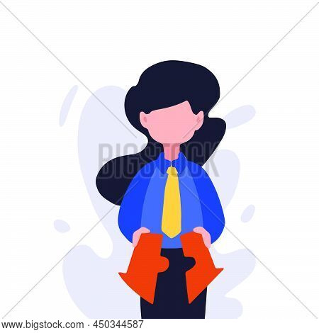 Business Concept Design Young Businesswoman Put Arrows Together. Cooperation, Support, Merger, Acqui