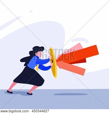 Business Concept Design Brave Young Businesswoman Holds Shield Defending From Attacks. Reflection Im