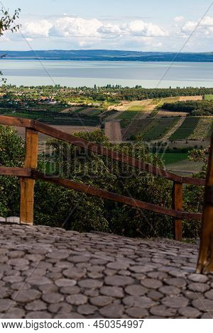 Monoszlo Country Side Aerial View. Hungarian Summer Rural Landscape. Beautiful View Of Balaton Lake.