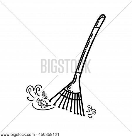 Rake, A Hand-drawn Doodle-style Element. Rake, A Fork For Cleaning Leaves. Garden Work. Simple Linea