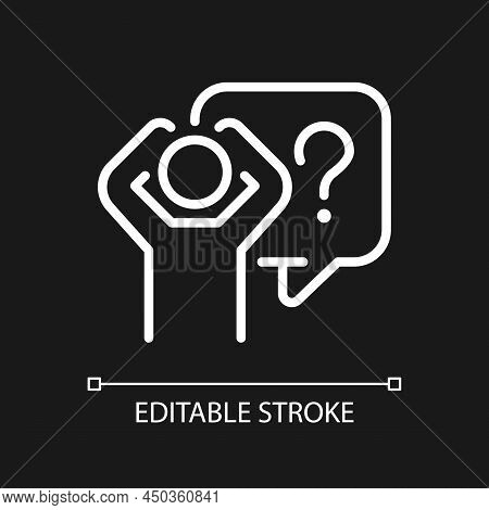 Fear White Linear Icon For Dark Theme. Scared Person With Difficult Question. Depression And Mental 