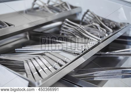 Instruments For Cardiothoracic And Vascular Surgery In A Steel Tray
