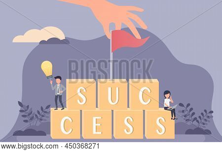 Success Concept. The Big Hand Picked Up The Flag And Placed It On The U Jigsaw. There Are Characters