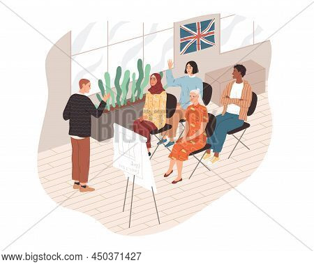 Learning English. Group Of Young People In The Classroom With Teacher.