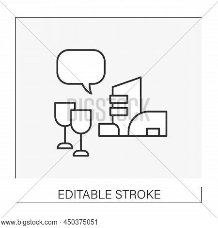 Job Line Icon. Critic Futuristic Buildings And Drink Wine. Business Center. Professions Concept. Iso