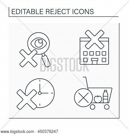 Rejection Line Icons Set. Rejected Residence, Time, Cart And Examination. Unacceptance. Cancellation