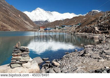 View Of Mount Cho Oyu Mirroring In Gokyo Lake Or Dudh Pokhari, Three Passes Trek And Cho Oyu Base Ca