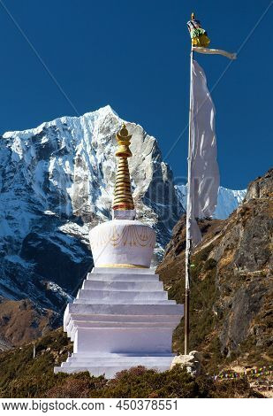 Thame Gompa With Stupa And Temple, Buddhist Monastery In Khumbu Valley On Three Passes Trek, Mount E