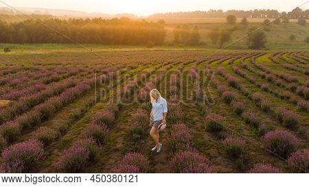 Drone Video Of Free And Happy Young Woman Run In Pink And Purple Lavender Fields At Sunset