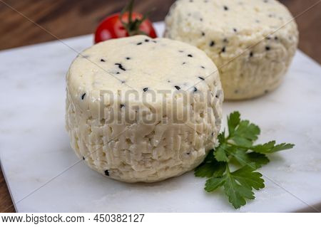 Traditional Polish White Cheese With Black Chives Seeds Made In North Poland In Kaszebe Area Near Gd