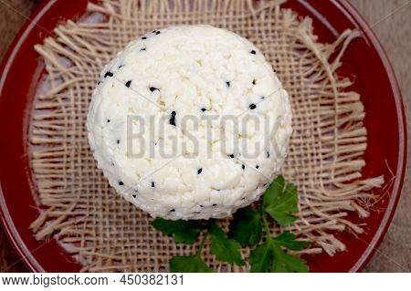 Traditional Polish White Cheese With Black Chives Seeds Made In North Poland In Kaszebe Area Near Gd