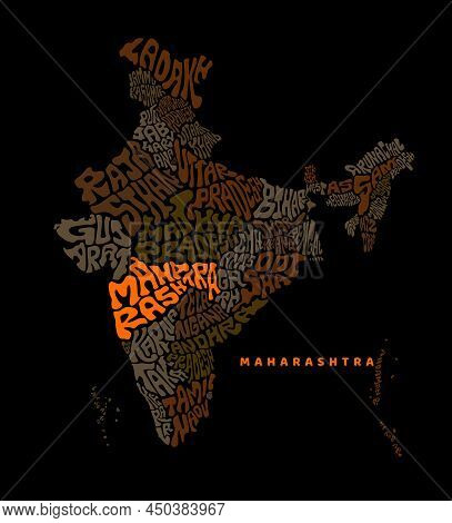 Maharashtra Map Lettering With India. India Map Lettering With Prominent Maharashtra Map.