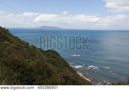 The View Of The Sea, Horizon Line And Clouds Seeing From Mangawhai Cliffs Walk Track. Marine Landsca