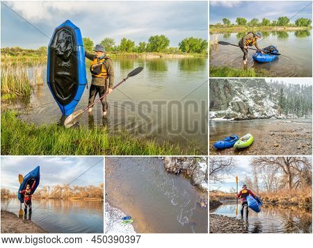 paddling inflatable packraft (one-person light raft used for expedition or adventure racing) in colorado - set of pictures featuring the same senior male paddler