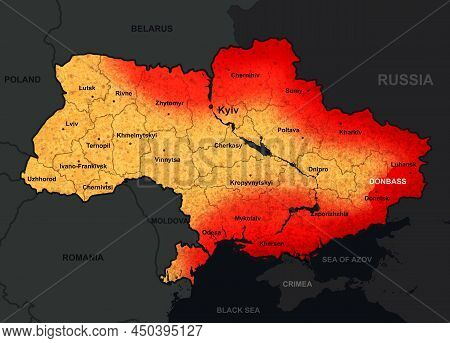 War In Ukraine On Map, Illustration Of General Russian Invasion In Ukraine. Ukrainian Territory And 