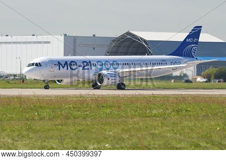 Zhukovsky, Russia - August 30, 2019: New Russian Medium-haul Passenger Aircraft Ms-21-300 (73053) On