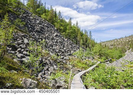 View Of The Pyha-luosto National Park In Summer, Wooden Walkway And Rocks, Lapland, Finland