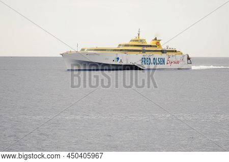 Los Cristianos, October 24, 2021: Passenger Ship Arriving At The Island Of Tenerife. Canary Islands.