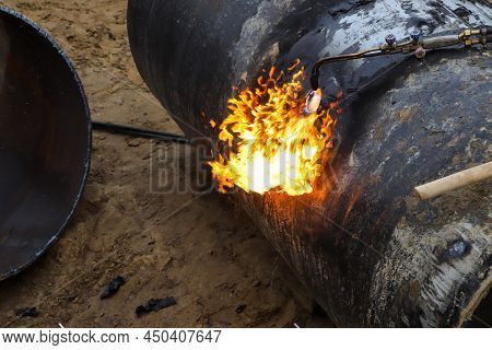 Working With Gas Cutting Requires Special Skill To Cut Pipes With Fire.