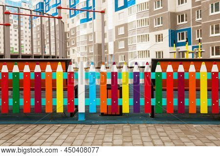 A Fence Made Of Pencils In The Yard For Children To Study