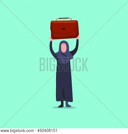 Business Concept Design Arabian Businesswoman Lifting Up Briefcase. Female Manager Raising Up Suitca