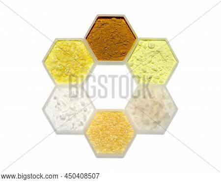 Chemical Ingredient In Hexagonal Molecular Shaped Container. Curcuma Powder, Sulfur Powder, Flake Sa