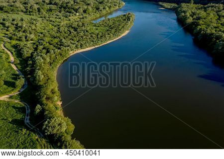 Stunning Top View Of The Sinuous Dniester River. Summer Landscape Of The Dniester River. Picturesque