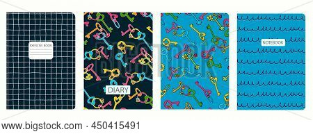 Cover Page Templates Based On Seamless Patterns With Keys, Circles. Background For Notebooks, Notepa
