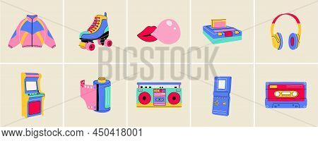 Classic 80s-90s Elements In Modern Style Flat, Line Style. Hand Drawn Vector Illustration: Jacket, C