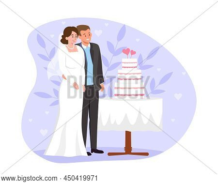 Couple Of Newlyweds. Man And Girl In Front Of Wedding Cake, Characters In Registry Office. Love And 