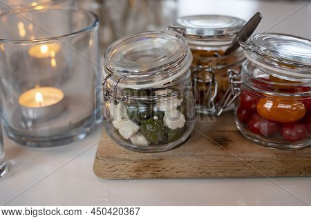 Glass Jars With Healthy Party Snacks Served In Bar, Tasty Appetisers