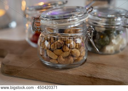 Glass Jars With Healthy Party Snacks Served In Bar, Tasty Appetisers