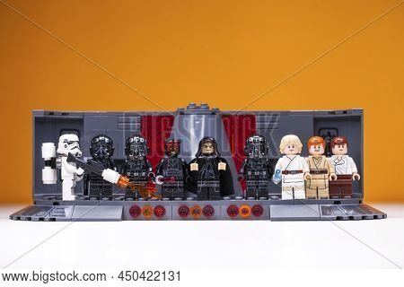 RUSSIA, SAMARA, FEBRUARY 15, 2020 - Lego Star Wars Minifigures Constructor. Scarlet guard, Emperor Darth Sidious, Darth Vader, Darth Moul