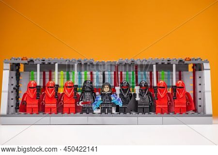 RUSSIA, SAMARA, FEBRUARY 15, 2020 - Lego Star Wars Minifigures Constructor. Scarlet guard, Emperor Darth Sidious, Darth Vader, Darth Moul