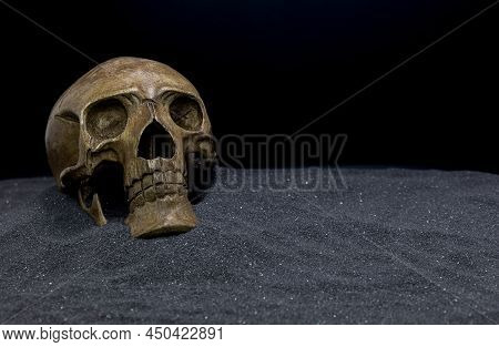 Wooden Skull Buried In Black Sand. Copy Space
