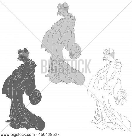 Vector Design Of Japanese Woman With Kimono And Fan, Geisha With Kimono And Fan Traditional Japanese