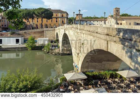Rome, Italy - June 22, 2017: Amazing View Of Tiber River And Pons Cestius In City Of Rome, Italy