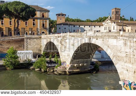 Rome, Italy - June 22, 2017: Amazing View Of Tiber River And Pons Cestius In City Of Rome, Italy